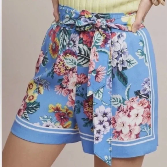 Anthropologie Maeve Scarf Print Floral stretchy tie waist viscose pocket Short s - Picture 2 of 12